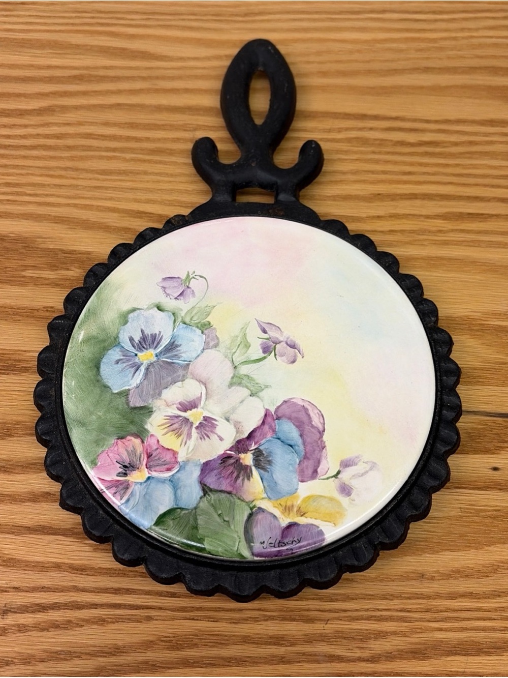 Mid State Hand Painted, Signed “Veltschy” Cast Iron Trivet